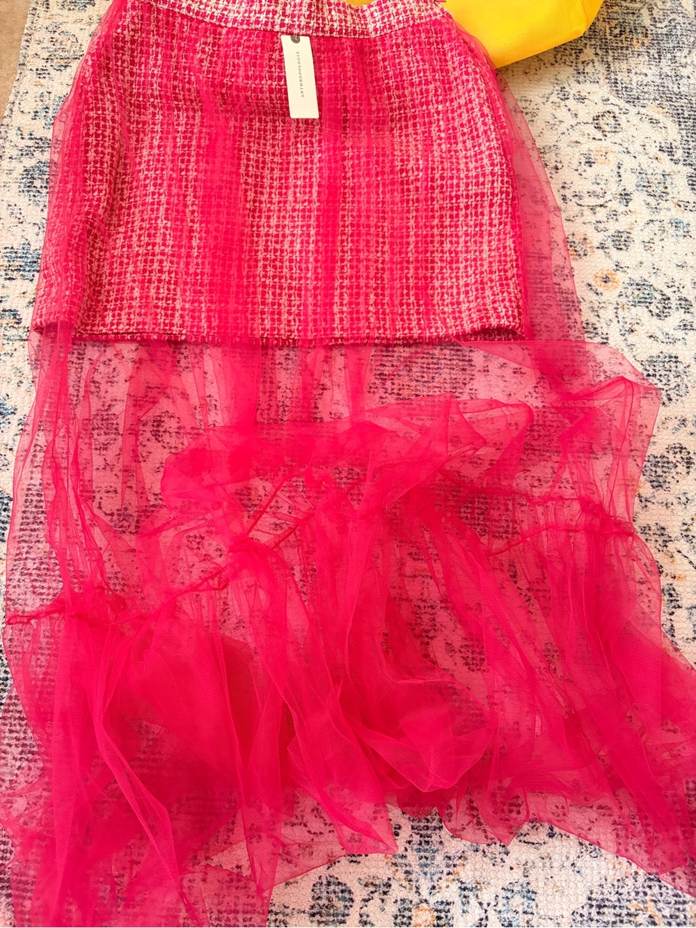 Anthropologie Hot Pink Tweed Mini with Sheer High-Low Tulle Overlay - Picture 6 of 10